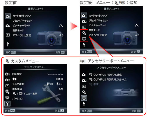 003348]｢カスタムメニュー｣ と ｢アクセサリーポートメニュー｣ を