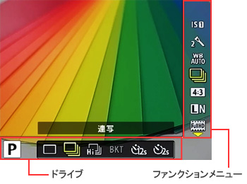 ファンクションメニューからドライブを選択し 「単写」「連写」「高速連写」のいずれかを選択して撮影します。